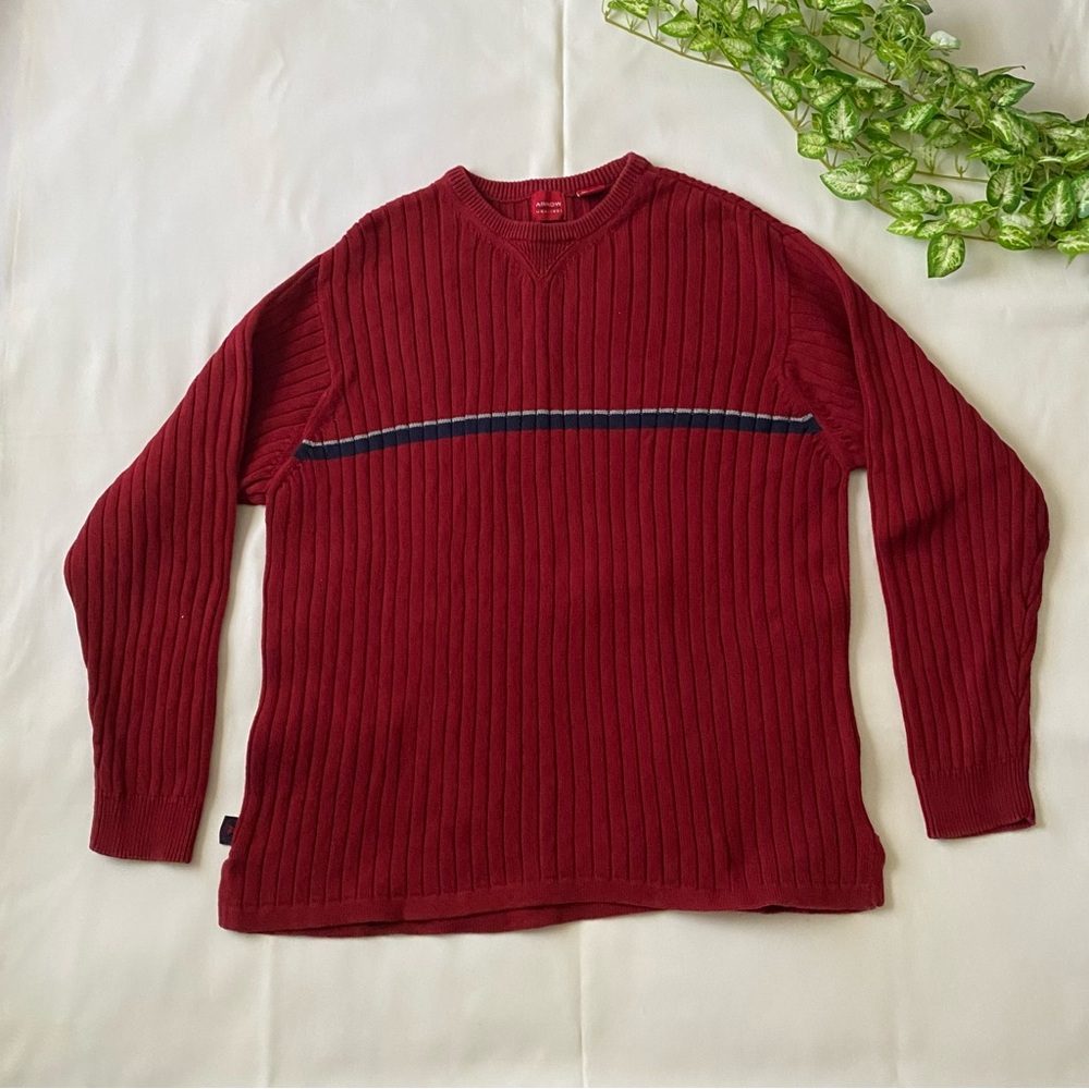 Classic Red Ribbed Long Sleeve Crewneck Sweater with Stripe Detail